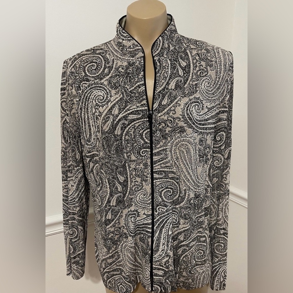 Alex Evenings, Black and Tan Paisley Sequin Sparkle Jacket Sz L